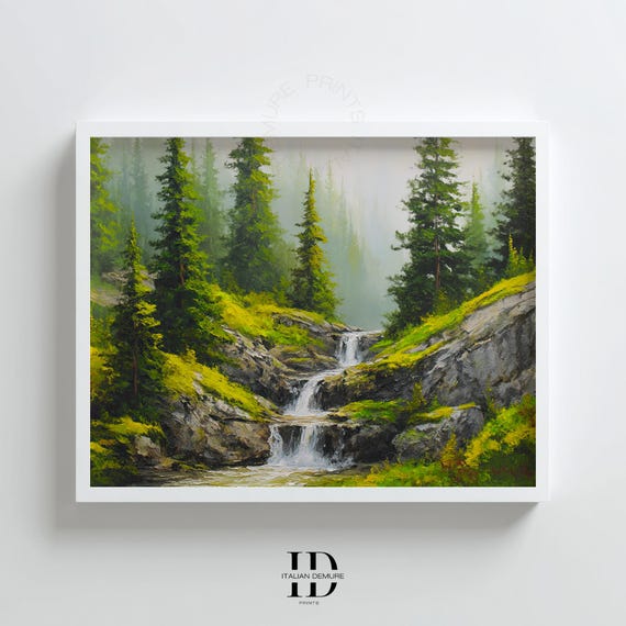 Forest Waterfall Wall Art Misty Mountain Stream Print Green Nature Landscape Evergreen Tree Painting Poster