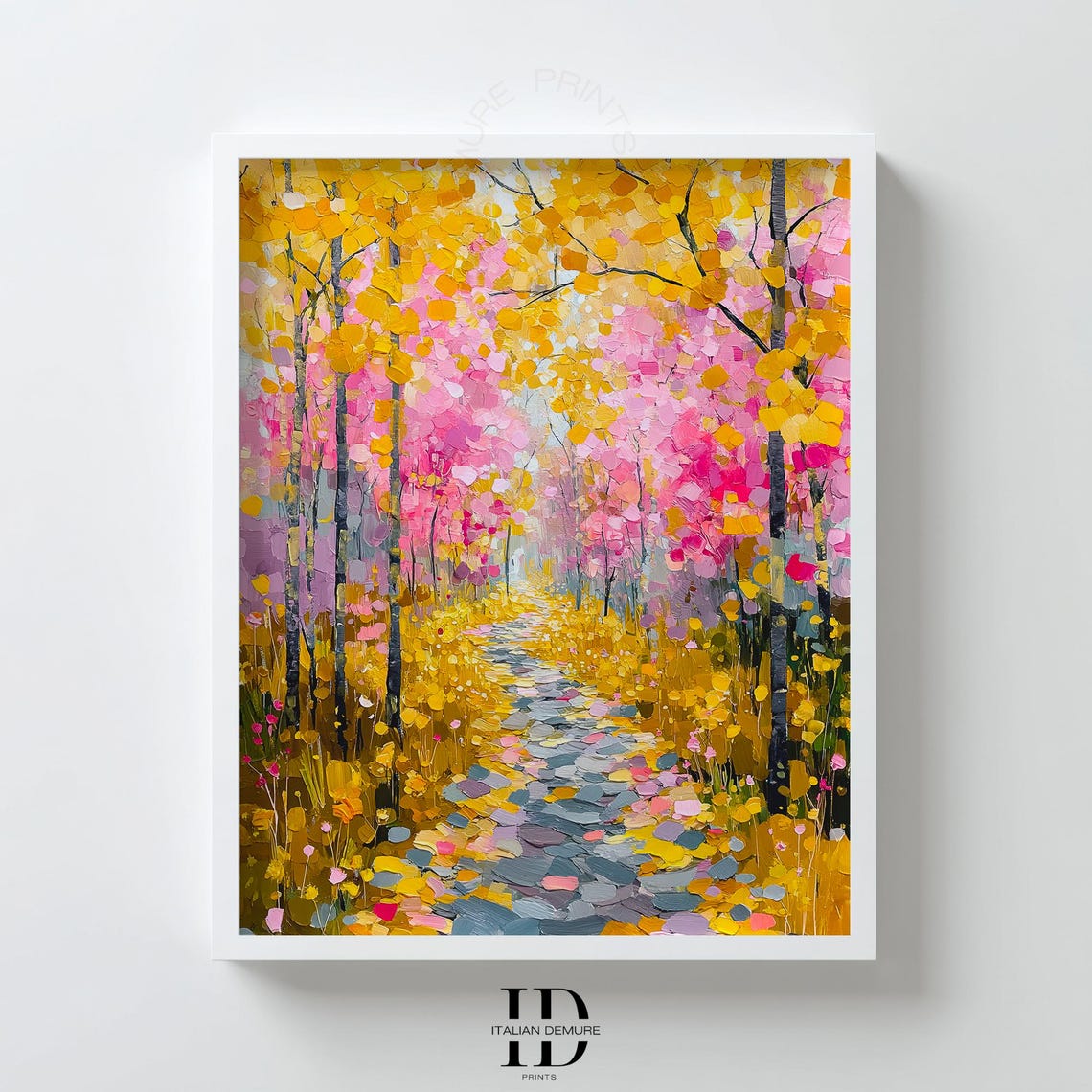 Golden Autumn Forest Stone Path Pink Trees Impressionist Poster