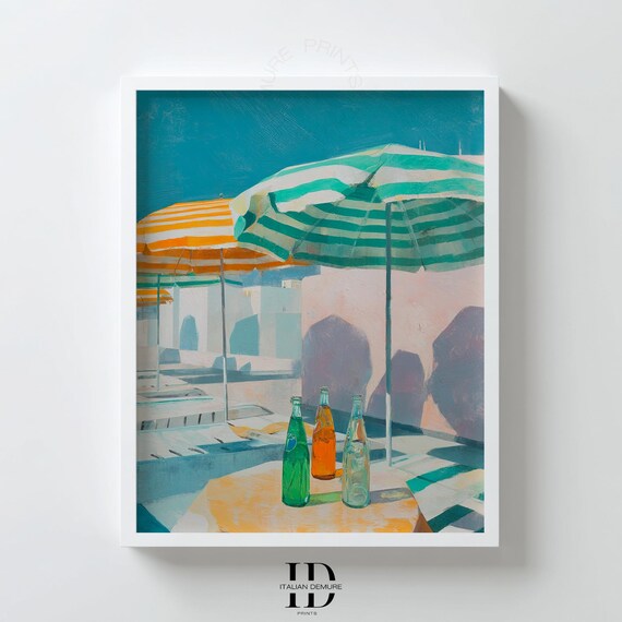 Retro Beach Umbrellas Striped Parasols Soda Bottles Summer Art Poster