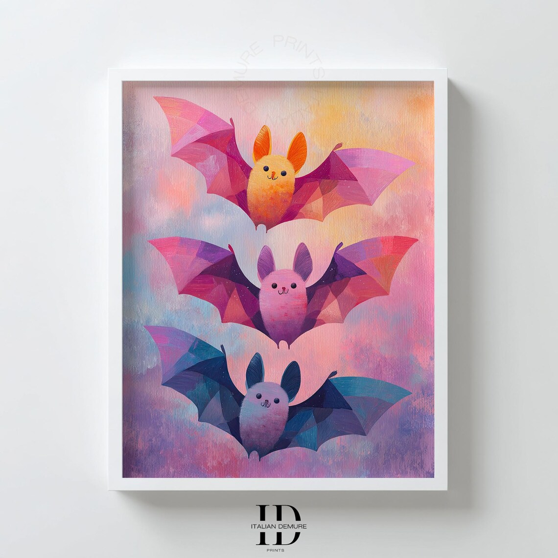 Cute Pastel Bat Trio Whimsical Geometric Kids Nursery Poster