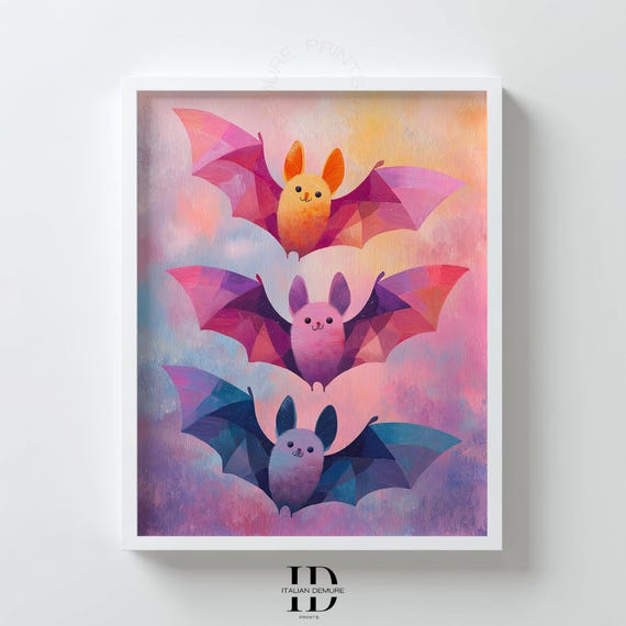 Cute Bat Wall Art Pastel Geometric Bats Print Whimsical Nursery Decor Kids Room Poster Halloween Illustration