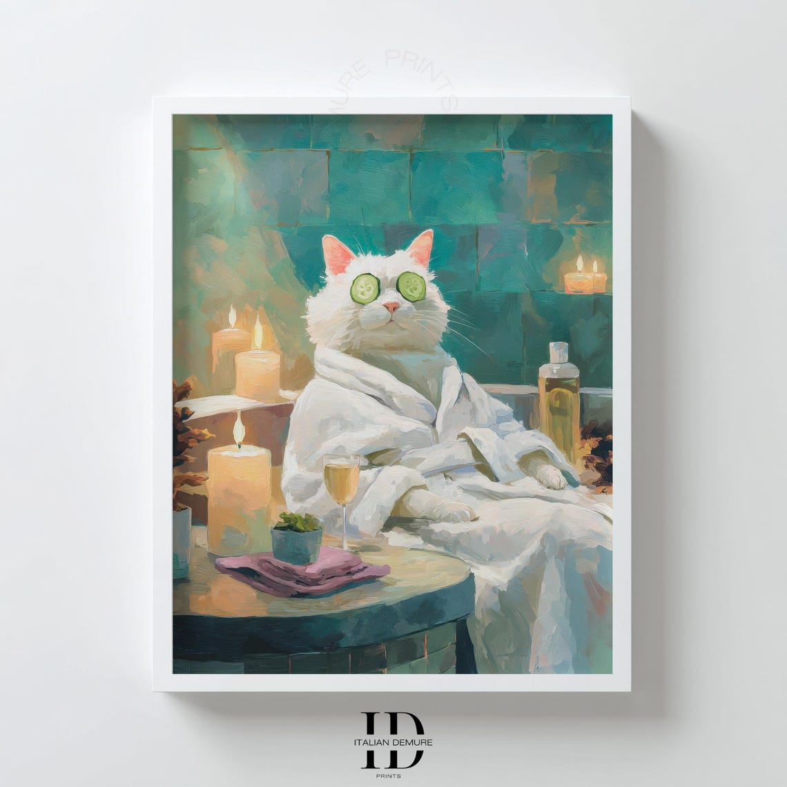White Cat in Spa Robe with Cucumber Eyes Funny Pampered Pet Poster