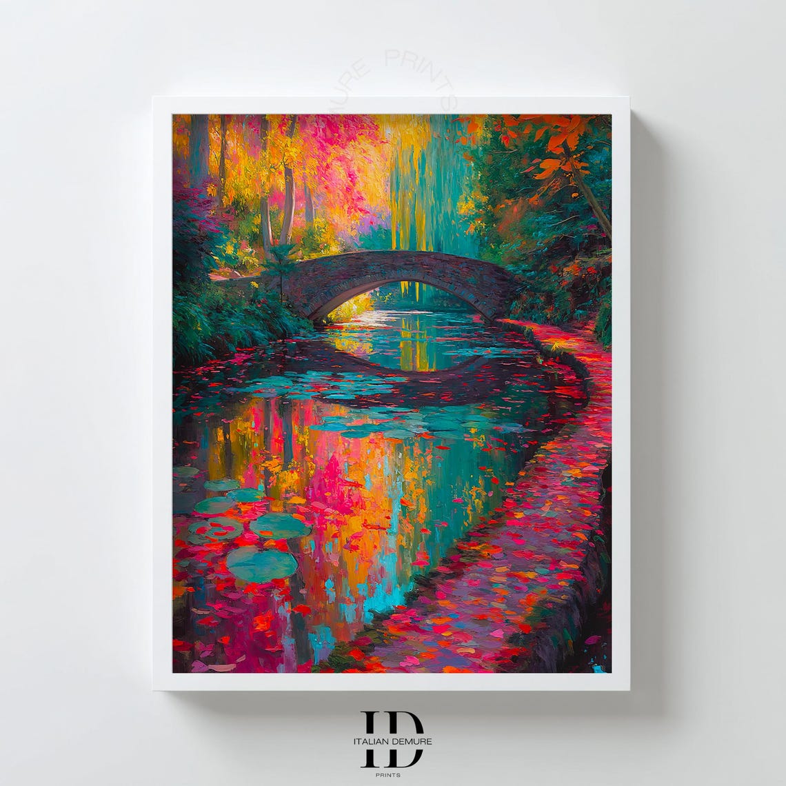 Colorful Stone Bridge River Reflections Impressionist Fall Poster