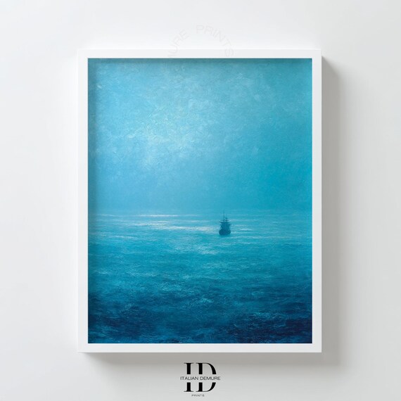Blue Seascape Wall Art Minimalist Ocean Print With Lone Boat Coastal Nautical Painting Tranquil Teal Sea Bedroom Poster