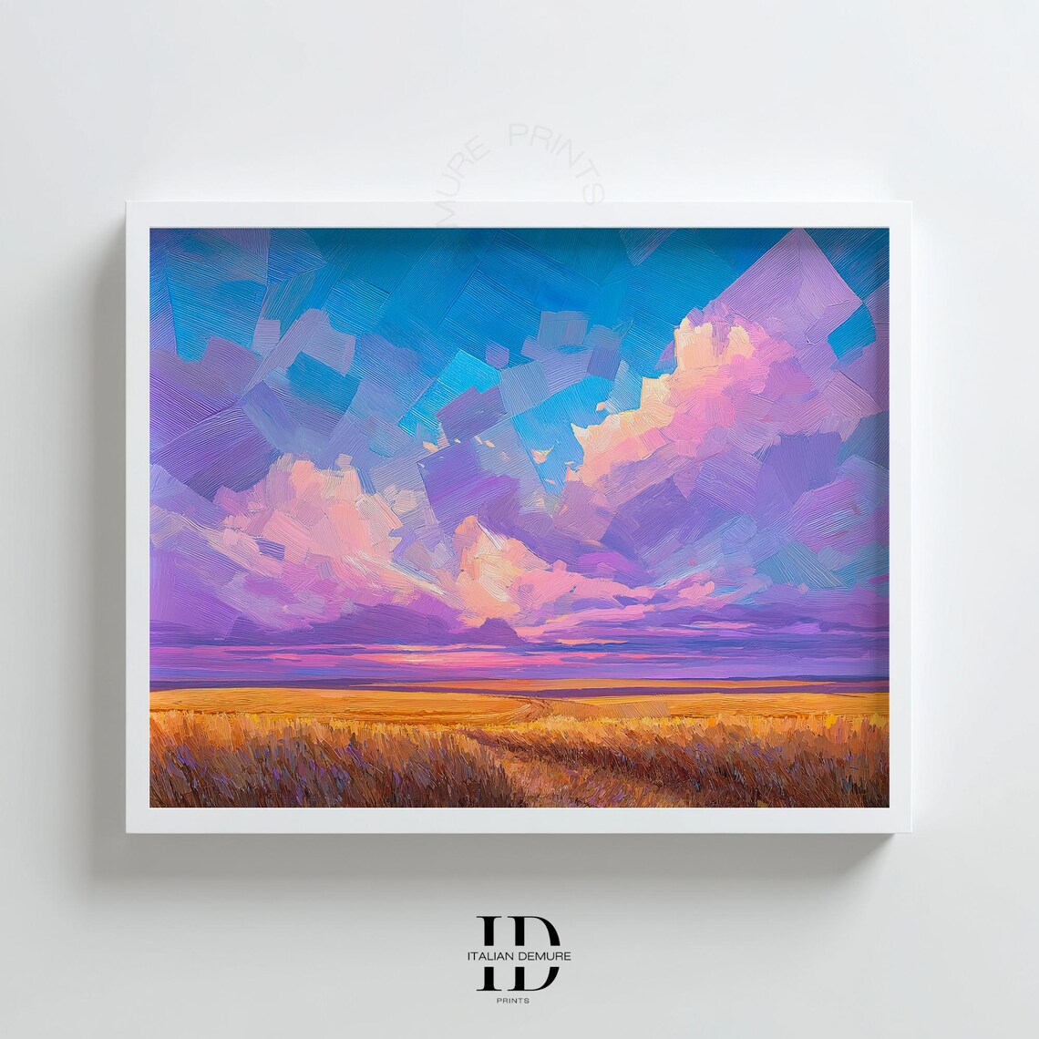 Dramatic Pink Purple Clouds Golden Wheat Field Impressionist Sky Art Poster