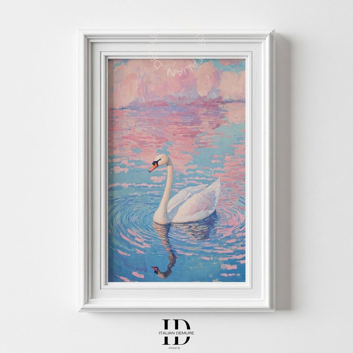 Serene White Swan Gliding Impressionist Pink Lake Art Poster