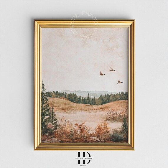 Rustic Forest Landscape With Flying Geese Neutral Autumn Wall Art Vintageinspired Print For Cozy Cabin Or Farmhouse Decor