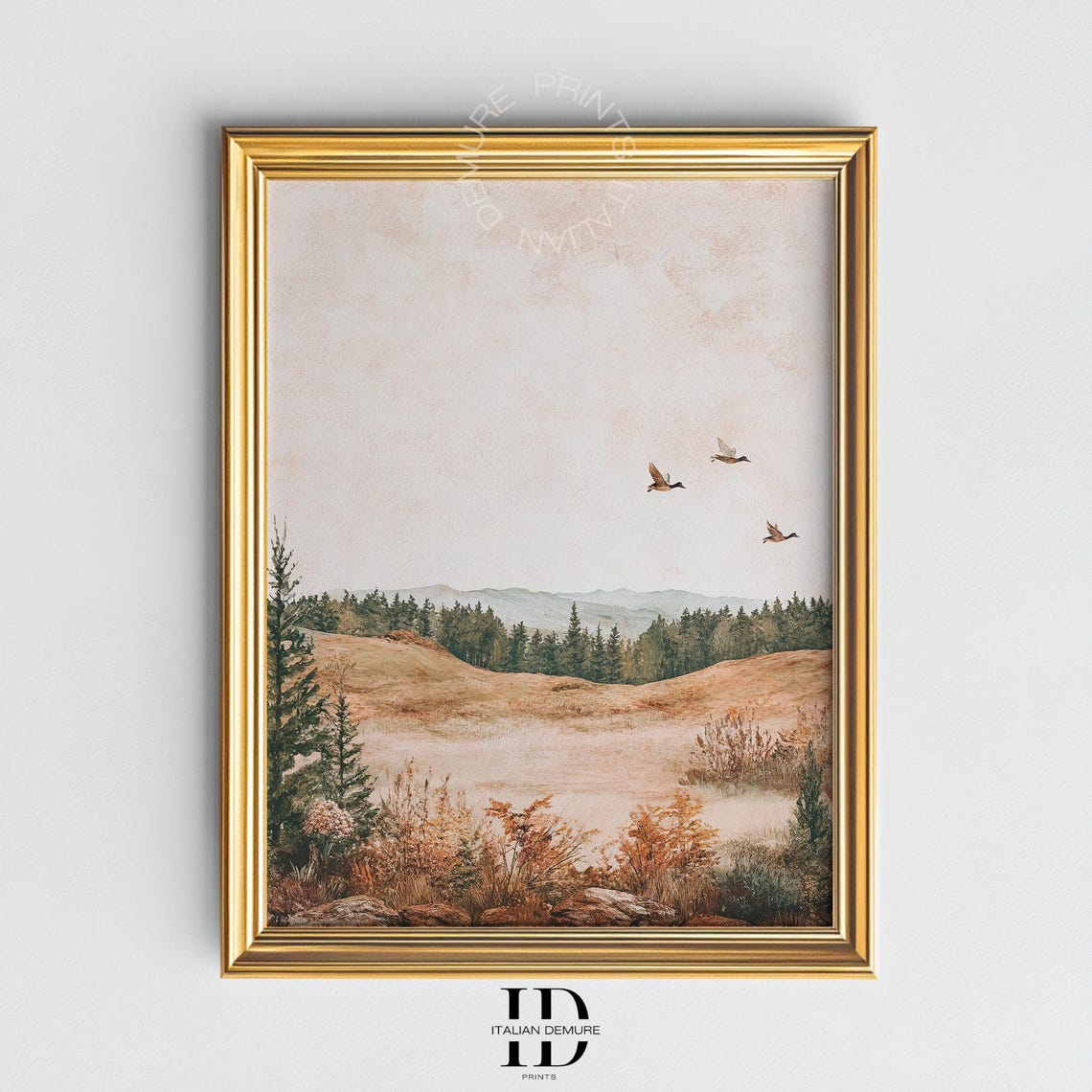 Rustic Autumn Forest Landscape with Flying Geese Neutral Art Poster