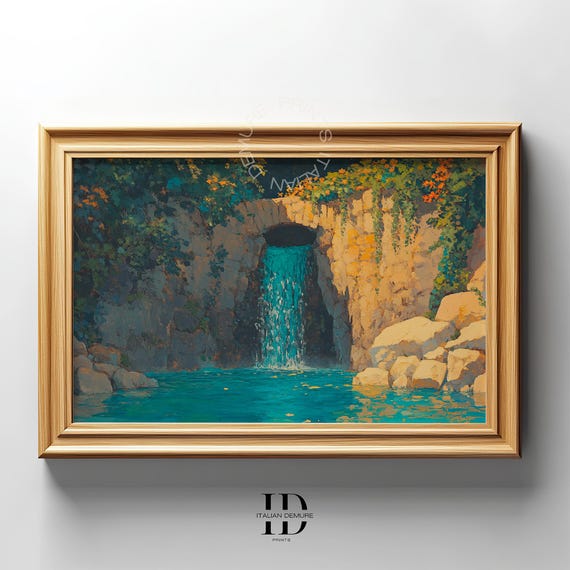 Mediterranean Waterfall Wall Art Rustic Stone Arch Turquoise Pool Tranquil Nature Print Home Decor Instant