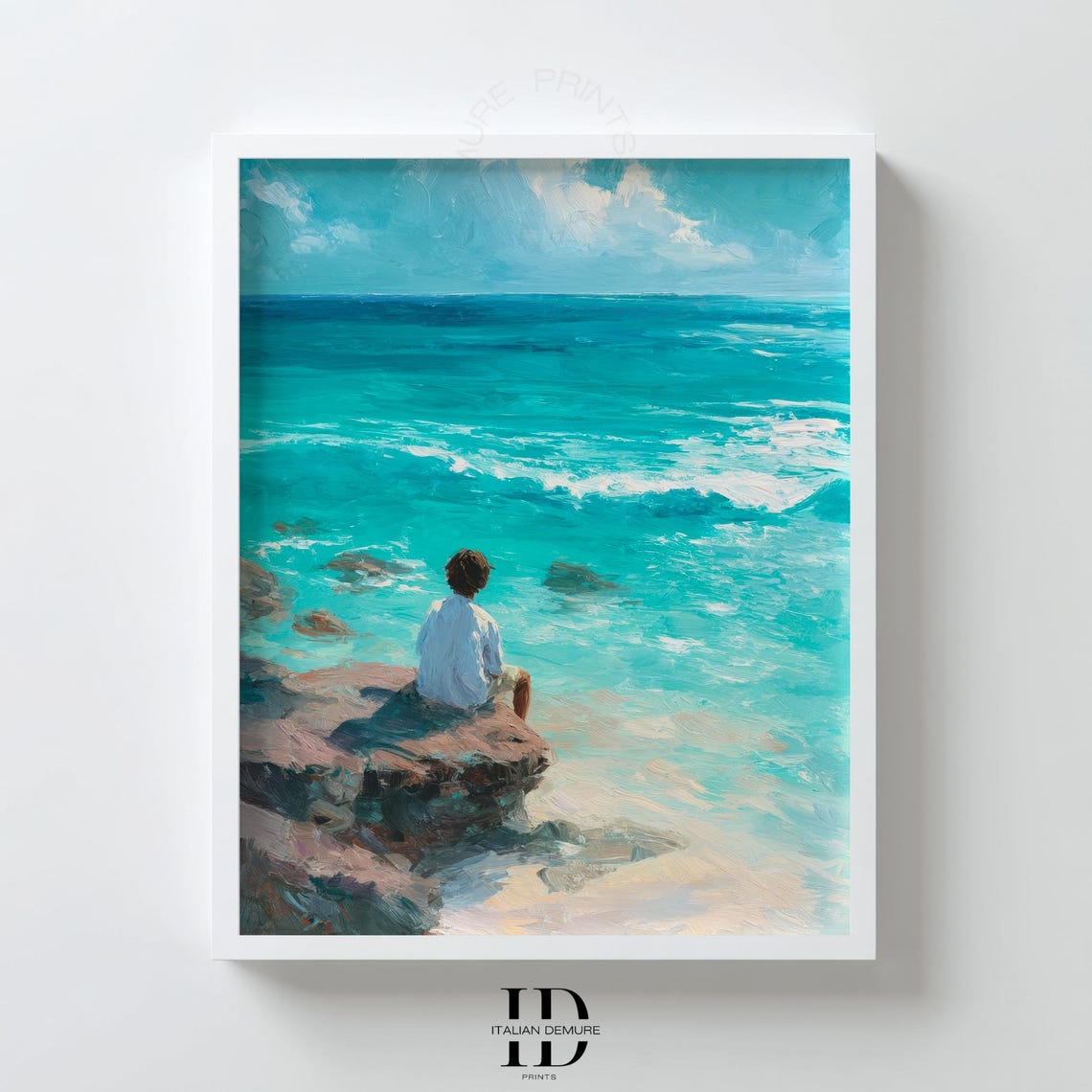 Lonely Figure Sitting On Rocks Watching Turquoise Ocean Poster
