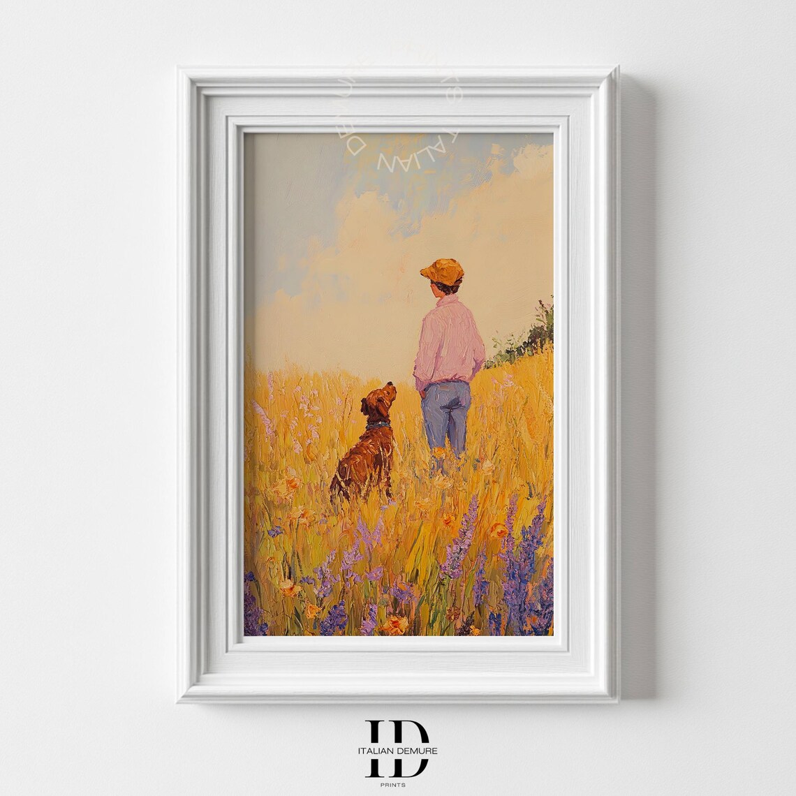 Boy And Dog In Golden Wheat Field Rustic Country Painting Poster