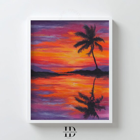 Tropical Sunset Palm Tree Ocean Reflection Vibrant Beach Poster