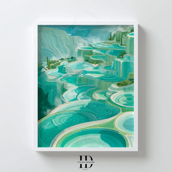 Turquoise Terrace Wall Art Modern Water Landscape Print Serene Nature Poster Abstract Blue Green Pool Scene Decor