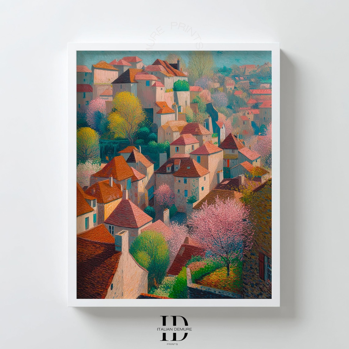 Charming French Village Spring Blossom Hillside Houses Colorful Art Print