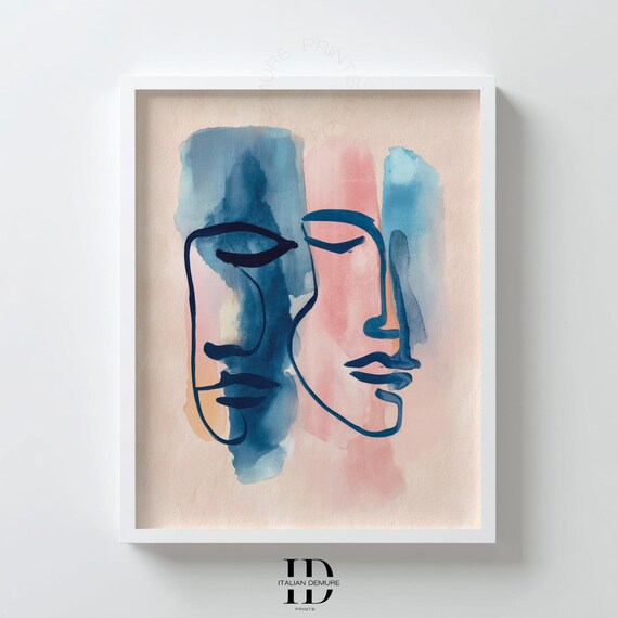 Abstract Dual Face Watercolor Line Art Blue Pink Minimalist Print