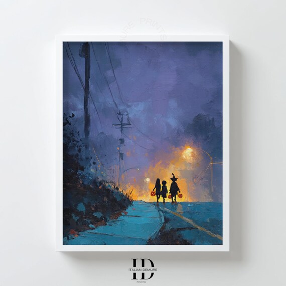 Halloween Night Street Scene Print Kids Trick Or Treat Silhouette Moody Blue Impressionist Wall Art Autumn Home Decor