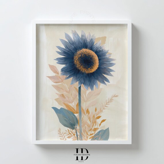 Blue Sunflower Wall Art Modern Floral Watercolor Painting Neutral Beige Background Botanical