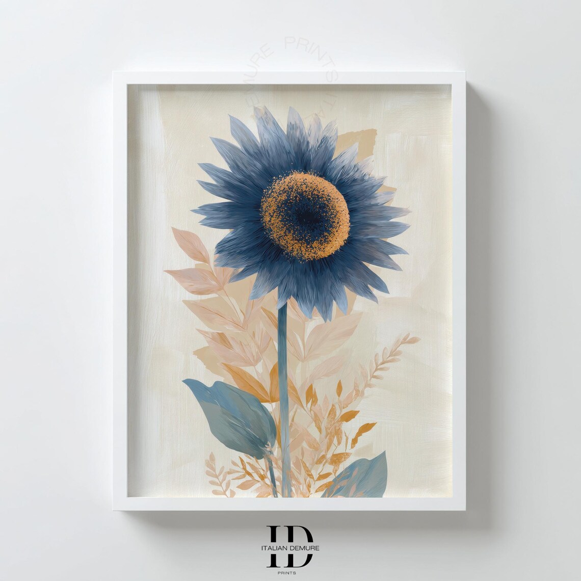 Blue Sunflower Watercolor Modern Minimalist Neutral Floral Wall Art