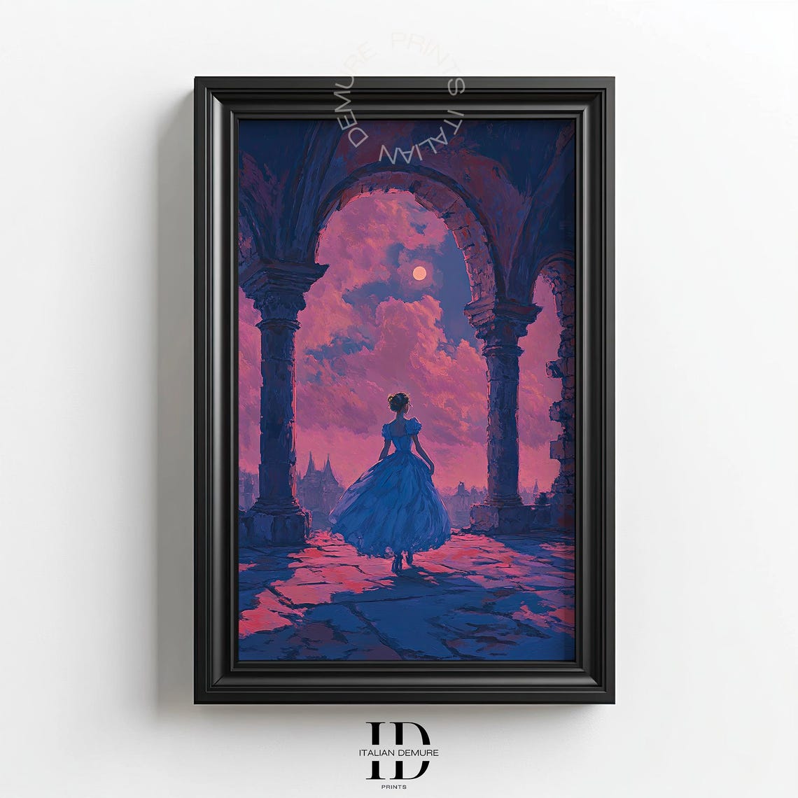 Moonlit Castle Courtyard Woman Blue Gown Romantic Night Art Poster