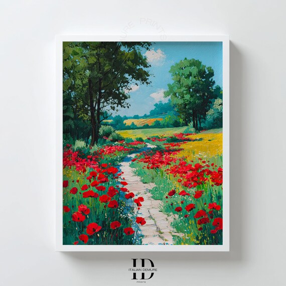 Red Poppy Field Countryside Path Vibrant Floral Landscape Painting Poster