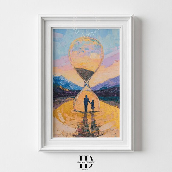 Father And Child Hourglass Sunset Painting Symbolic Time Passing Poster