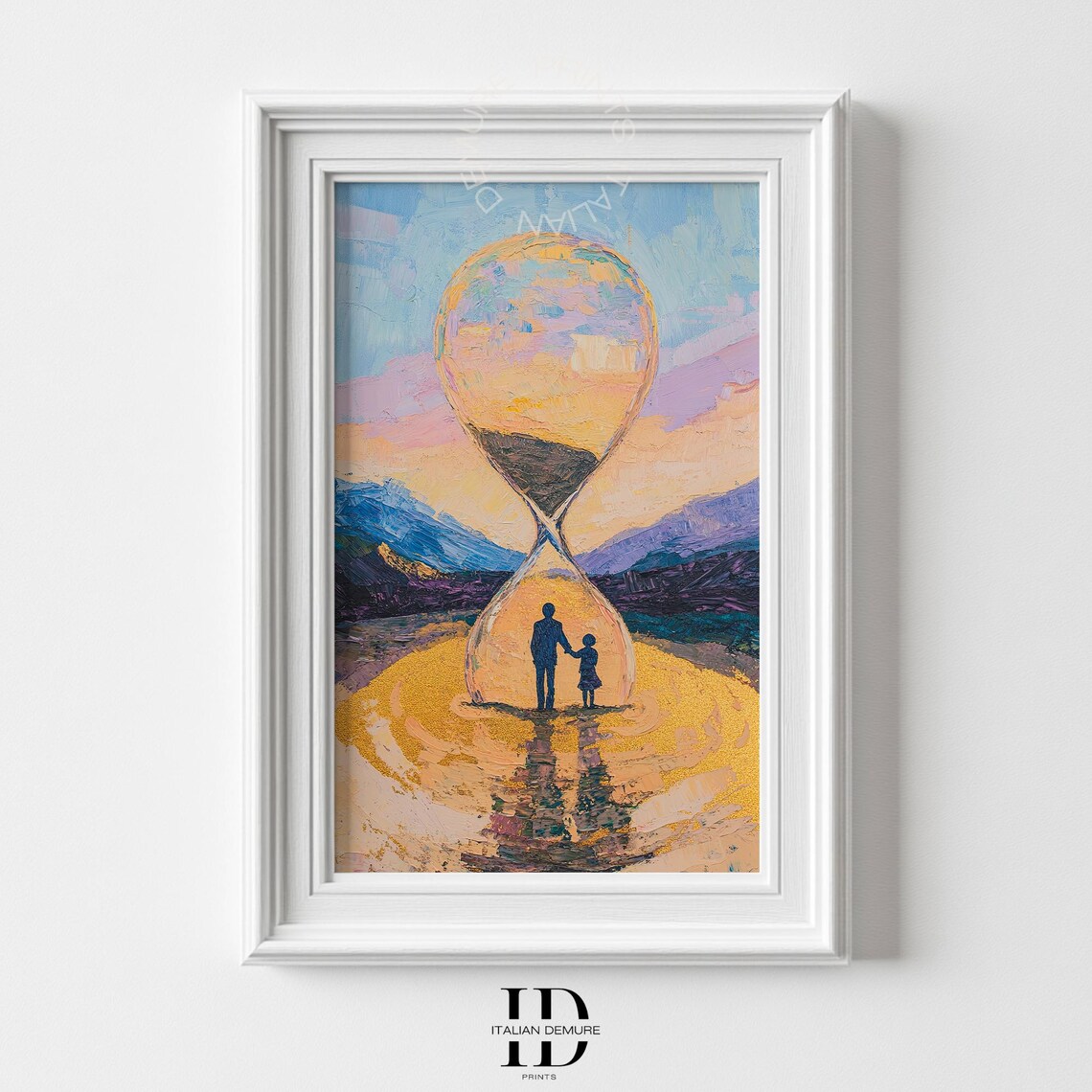 Father And Child Hourglass Sunset Painting Symbolic Time Passing Poster