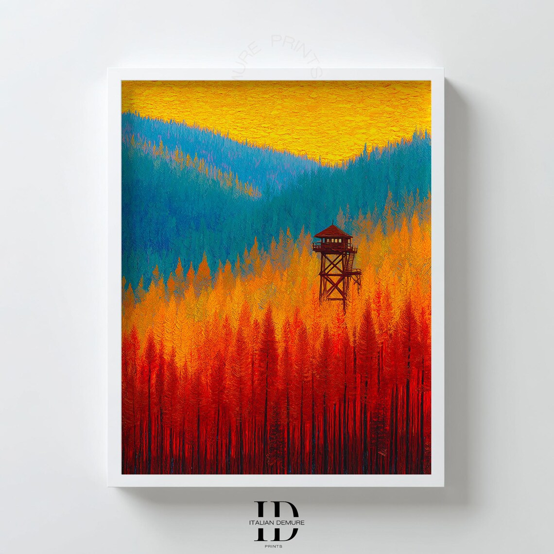 Firewatch Tower Forest Wall Art Vibrant Mountain Landscape Print Abstract Autumn Trees Colorful Nature Poster Decor