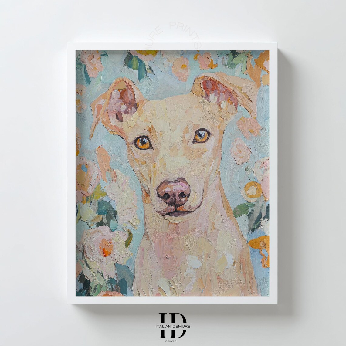 Pastel Dog Portrait Art Print, Whimsical Floral