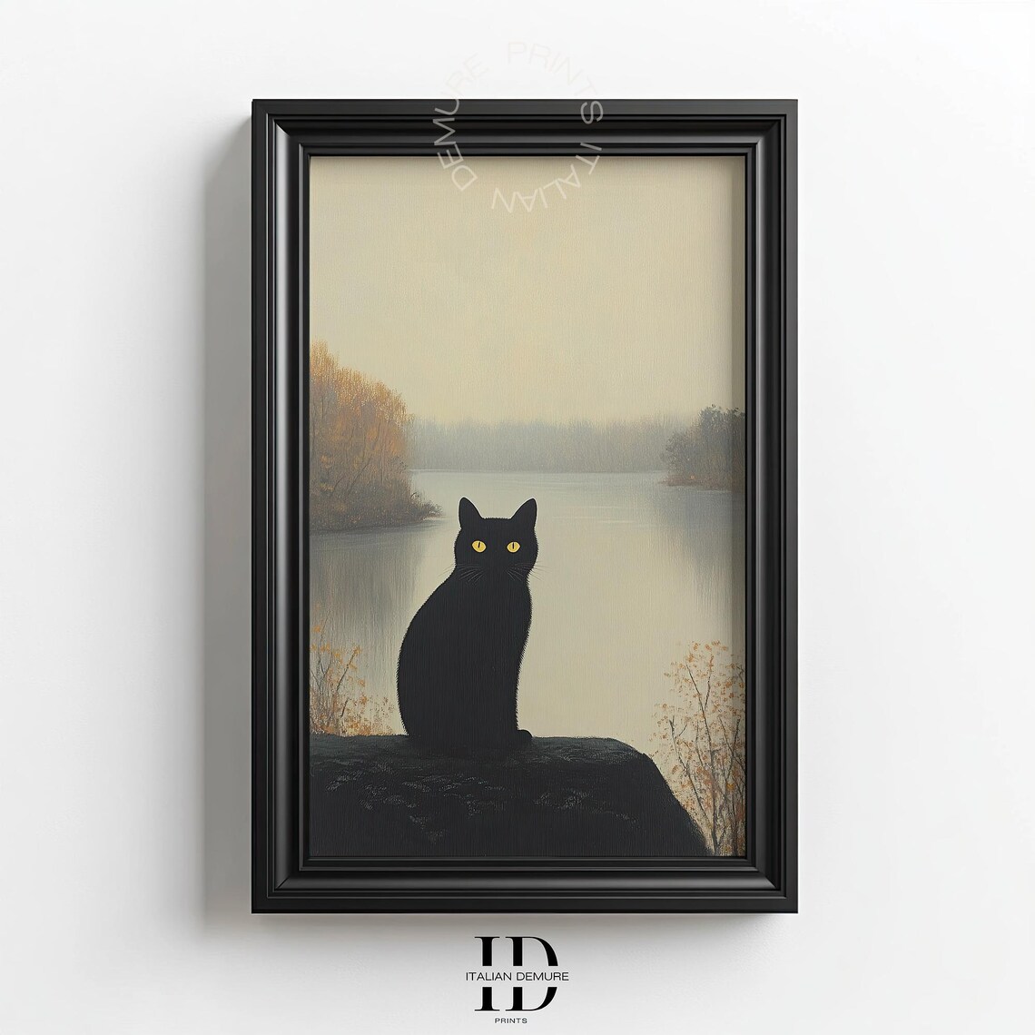 Black Cat By A Foggy Lake Minimalist Moody Autumn Landscape Art Poster