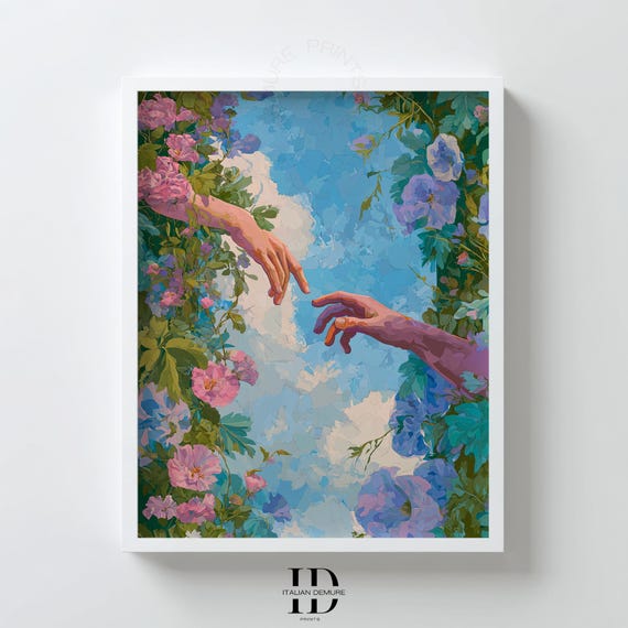 Floral Hand Touch Wall Art Romantic Sky Print Pastel Botanical Garden Scene Abstract Renaissance Inspired Poster