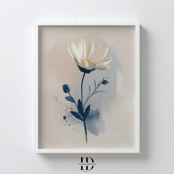 Daisy Wall Art Modern Floral Line Print Blue And Beige Minimalist Flower Botanical Artwork For Bedroom Or Nursery