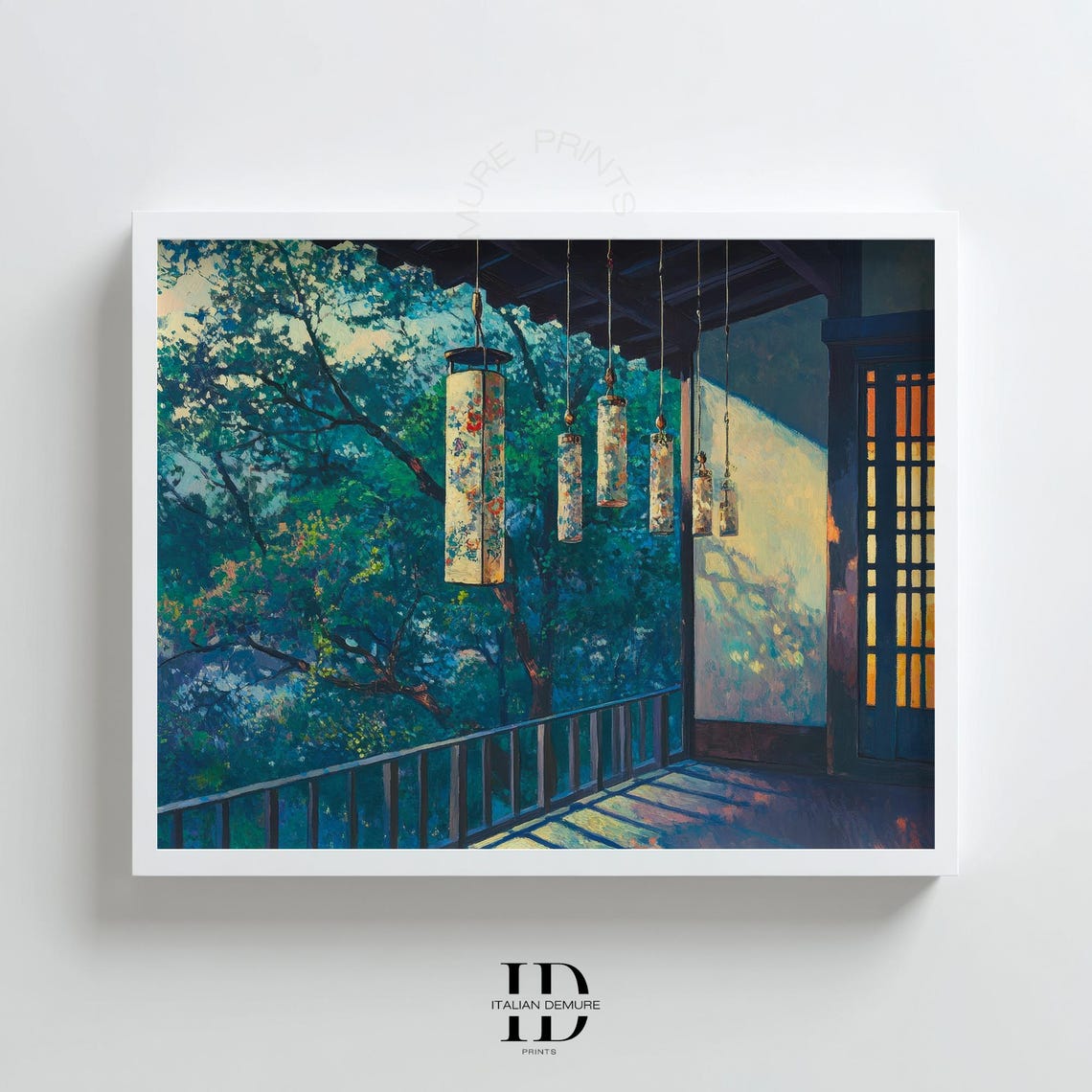 Japanese Veranda Hanging Lanterns Dusk Garden Scene Painting Poster