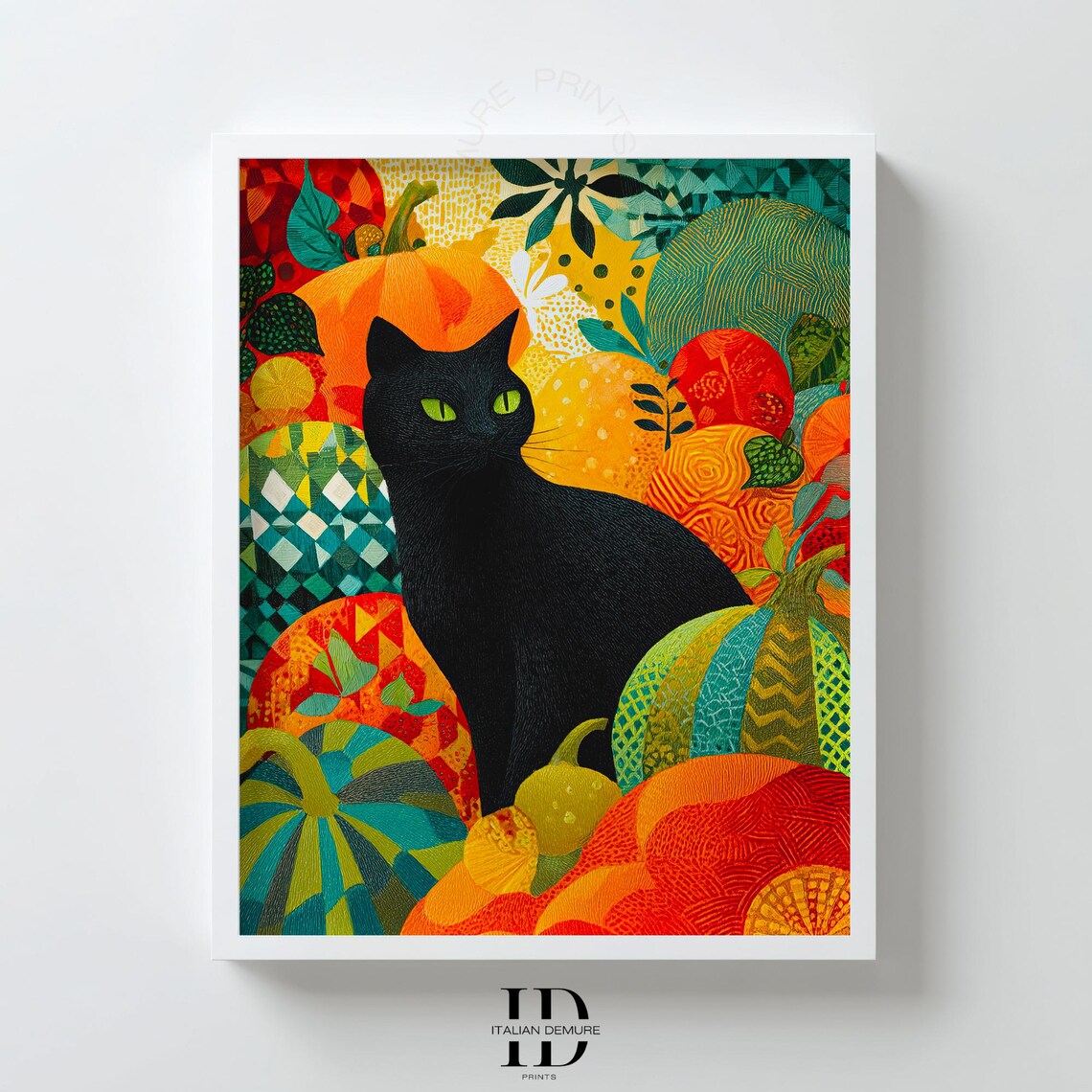 Black Cat Among Pumpkins Vibrant Autumn Folk Art Style Poster