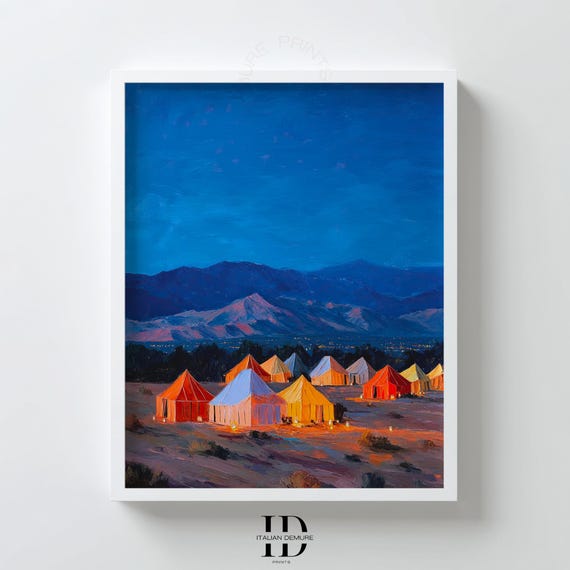 Desert Camp Wall Art Night Tent Landscape Print Boho Mountain Painting Moroccan Outdoor Scene Glamping Poster