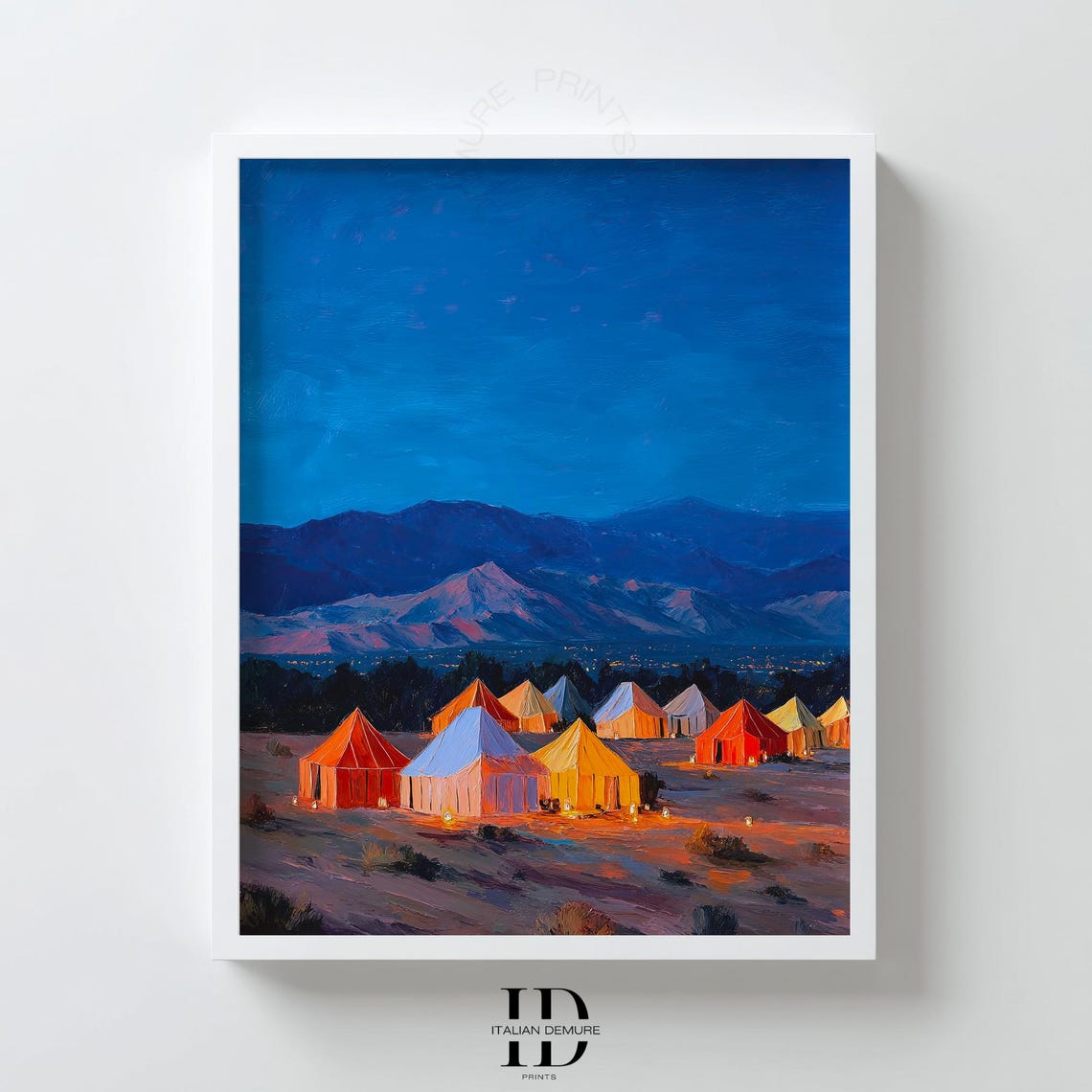 Desert Camp Night Tents Glowing Mountains Boho Landscape Art Print