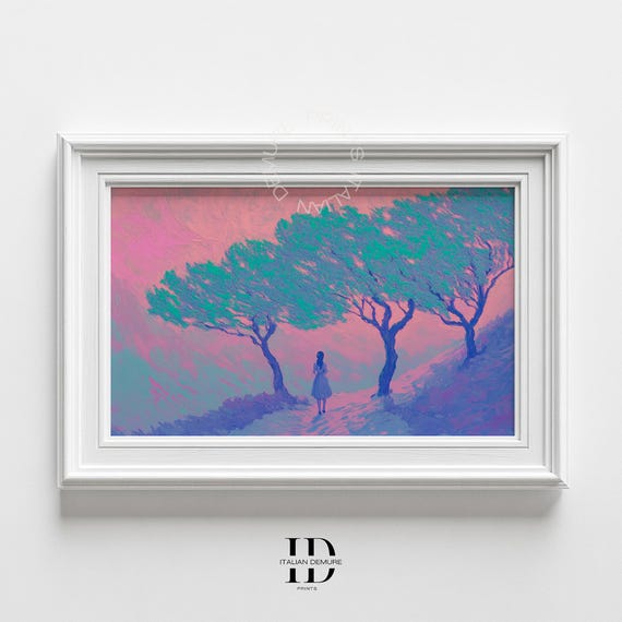 Dreamy Girl In Forest Print Surreal Pastel Landscape With Trees Pink Twilight Glow Atmospheric Art For Wall Decor
