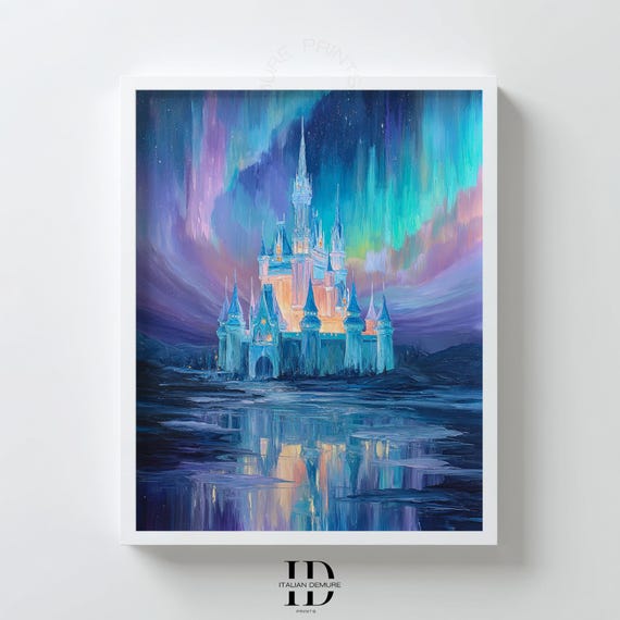 Fairy Tale Castle Wall Art Northern Lights Fantasy Print Magical Aurora Painting Princess Poster Dreamy Bedroom Decor
