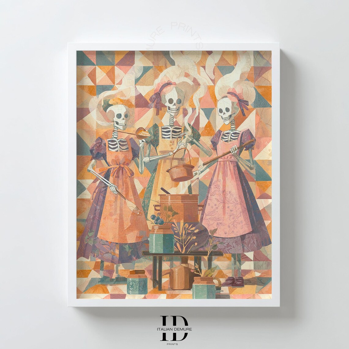 Skeleton Kitchen Wall Art Whimsical Cooking Print Folk Illustration Pastel Halloween Decor Geometric Poster