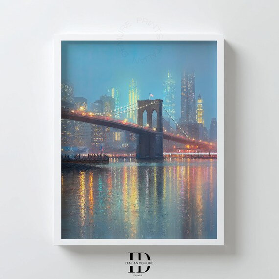 Brooklyn Bridge Wall Art Nyc Cityscape Print Night Skyline Modern Urban Poster New York Lights Decor