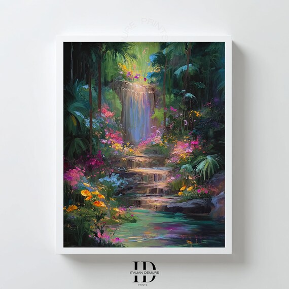 Tropical Waterfall In Lush Jungle Blooming Flowers Misty Poster