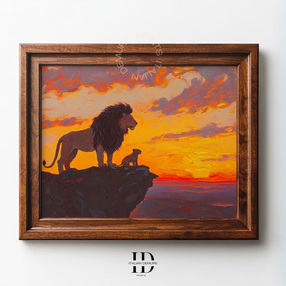 Majestic Lion Cub Painting Sunset Safari Wildlife Art African Savanna Father Son Print Regal Animal Wall Decor