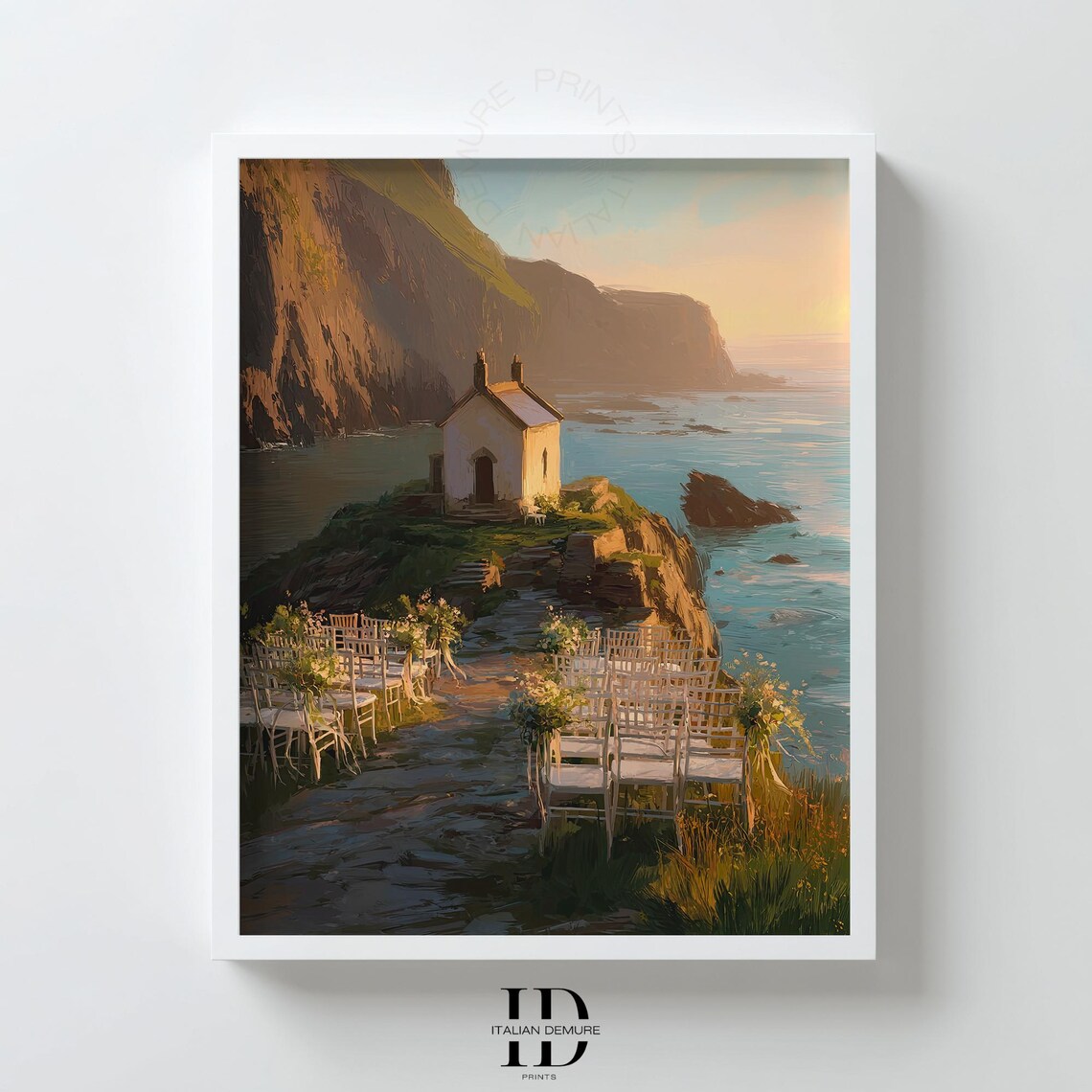 Seaside Chapel Wedding Ceremony Coastal Cliff Romantic Sunset Poster