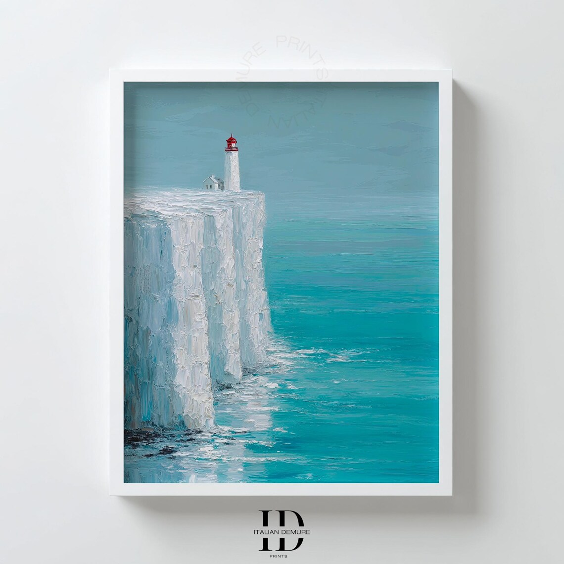 Coastal Lighthouse Wall Art Turquoise Seascape Print White Cliffs Impasto Painting Minimalist Ocean Decor Poster