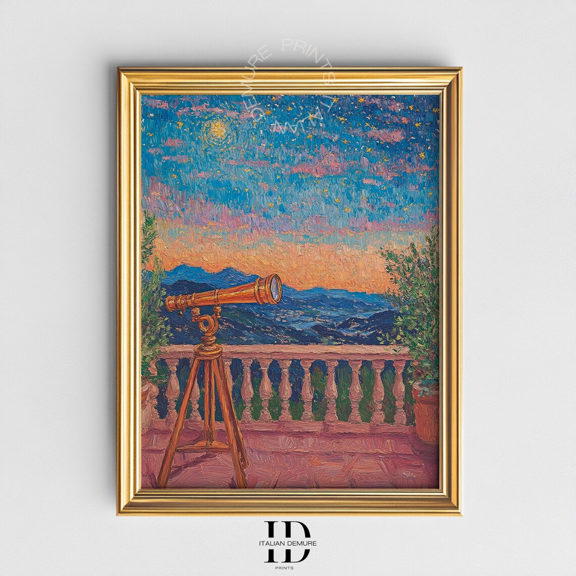 Starry Night Terrace Brass Telescope Mountain View Oil Art Poster