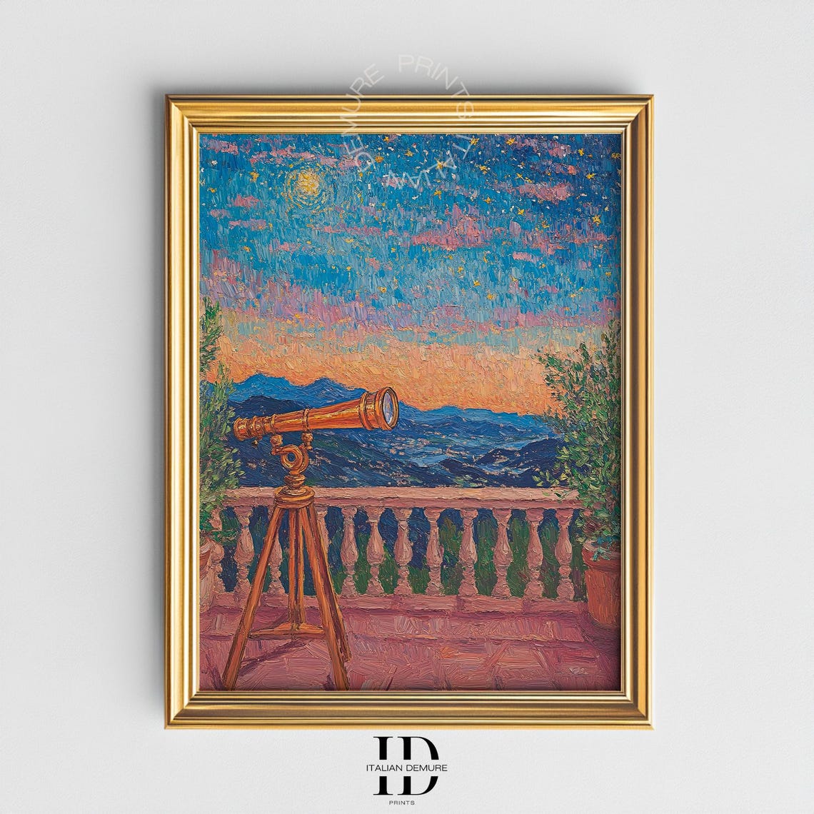 Vintage Telescope Balcony Night Sky Print Stargazing Wall Art Impressionist Sunset Decor Dreamy Landscape Celestial Artwork