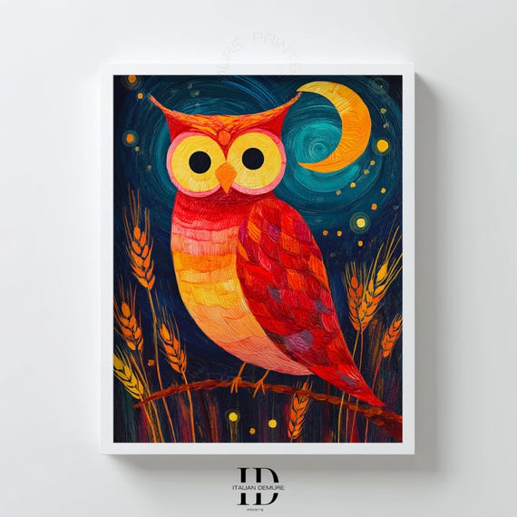 Whimsical Owl Wall Art Folk Animal Print Colorful Moonlit Night Poster Teal And Orange Nursery Decor Kids Room
