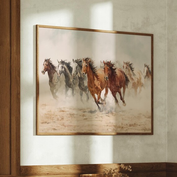 Horses Running Through Dust Storm Sepia Watercolor Western Poster