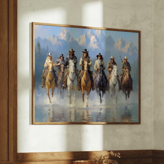 Cowboys Charge Across River In Western Frontier