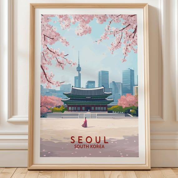 Seoul South Korea Travel Poster, Spring Cityscape