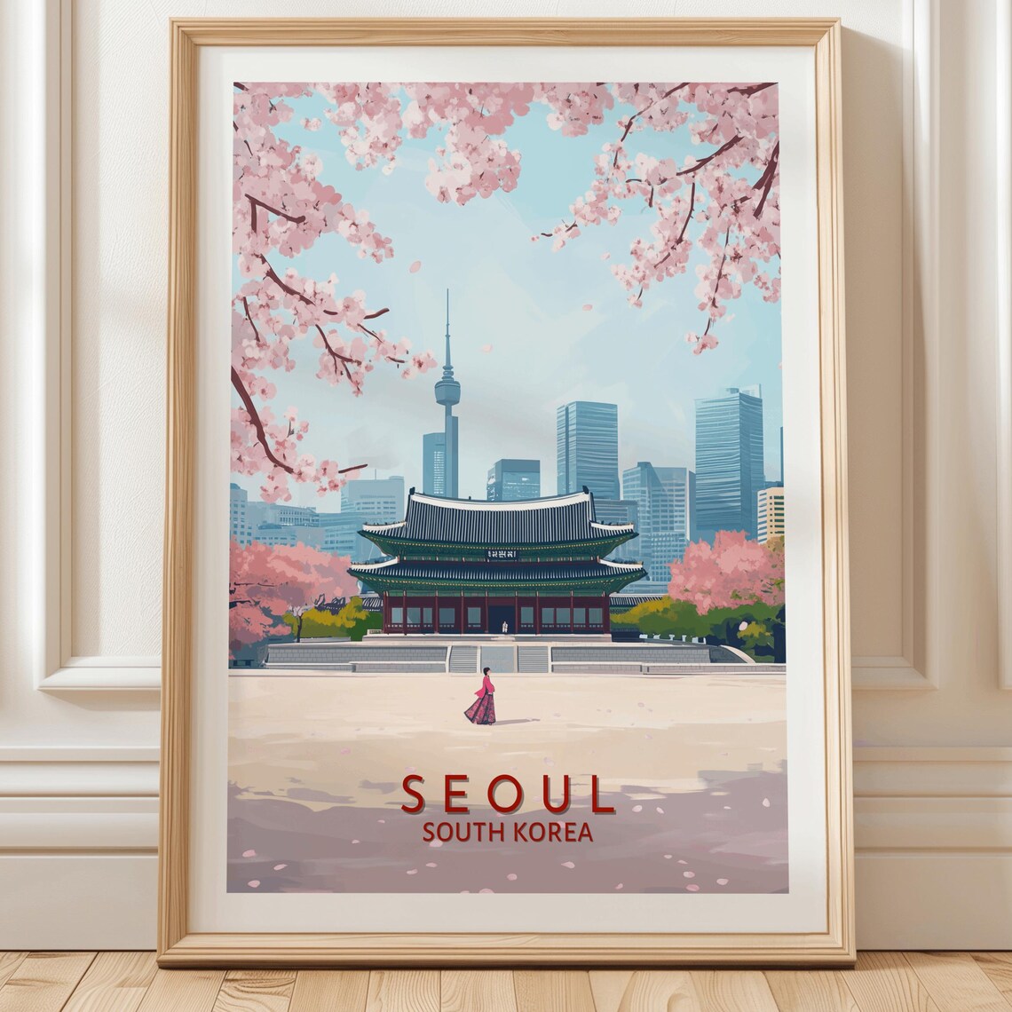 Seoul South Korea Travel Poster, Spring Cityscape